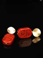 Chinese Lacquer Earrings – Scarlet & Gold Squares – Sterling Silver - Image 2