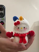 Crochet Snow Cat Figurine Charm – Winter Motif Knit Accessory Gift