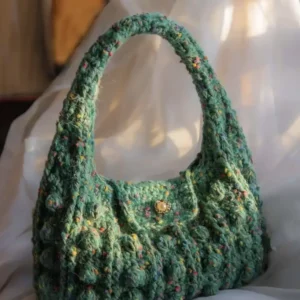 Crochet Green Texture Tote – Speckled Knit Shoulder Accessory, 3 Sizes