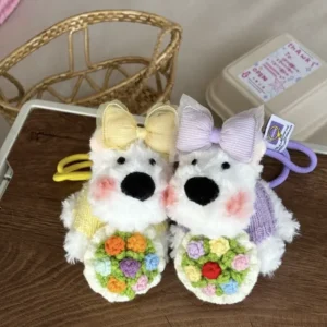 Crochet Westie Couple Figurine Set – Floral Motif Knit Accessory Gift