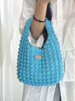 Crochet Sky Blue Tonal Tote – Minimalist Knit Shoulder Accessory - Image 2