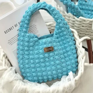 Crochet Sky Blue Tonal Tote – Minimalist Knit Shoulder Accessory