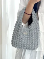 Crochet Silver Gray Texture Tote – Minimalist Knit Shoulder Accessory - Image 2