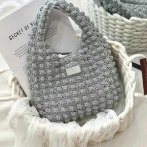 Crochet Silver Gray Texture Tote – Minimalist Knit Shoulder Accessory