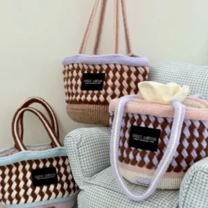 Crochet Canelé Texture Tote – Twill Check Knit Shoulder Accessory