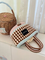 Crochet Canelé Texture Tote – Twill Check Knit Shoulder Accessory - Image 4