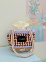 Crochet Canelé Texture Tote – Twill Check Knit Shoulder Accessory - Image 7