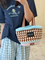 Crochet Canelé Texture Tote – Twill Check Knit Shoulder Accessory - Image 5