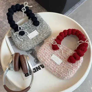 Crochet Braided Handle Tote – Textured Knit Winter Accessory