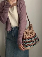 Crochet Wave Texture Tote – Boho Knit Drawstring Bag - Image 7