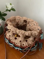 Crochet Wave Texture Tote – Boho Knit Drawstring Bag - Image 9