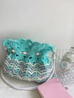 Crochet Wave Texture Tote – Boho Knit Drawstring Bag - Image 2