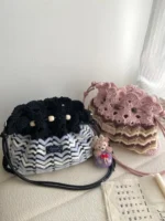 Crochet Wave Texture Tote – Boho Knit Drawstring Bag