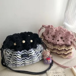 Crochet Wave Texture Tote – Boho Knit Drawstring Bag