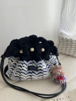 Crochet Wave Texture Tote – Boho Knit Drawstring Bag - Image 3