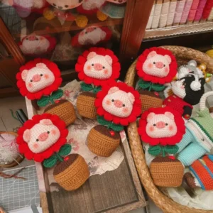 Crochet Pig Figurine Planter – Blossom Amigurumi Decor