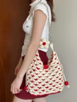 Crochet Lattice Bucket Tote – 3D Waffle Texture Crossbody Accessory - Image 8