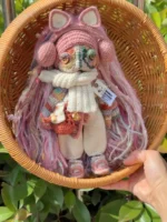 Crochet "Pink Noise Drifter" Art Figurine – Merino Wool Amigurumi Collectible - Image 5