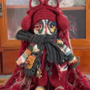 Crochet "Crimson Fire Drifter" Art Figurine – Merino Wool Amigurumi Collectible