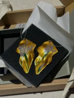 Chinese Lacquer Statement Drop Earrings – Autumn Iris – Copper & 925 Silver - Image 10