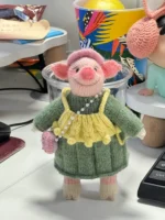 Knitted Vintage Tea Party Piglet Plush | Cottagecore Layered Animal Toy (15cm) - Image 3