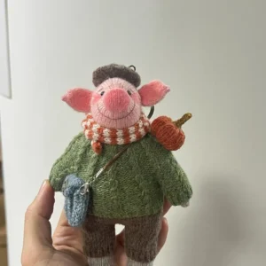 Knitted Pumpkin Patch Piglet Plush | Vintage Autumn Animal Bag Charm (15cm)